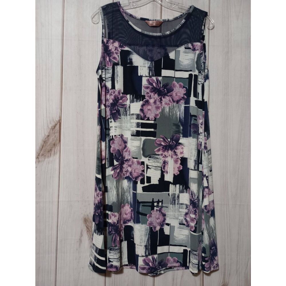 SJS Womens Purple Floral Geometric Mesh Neck Sleeveless Shift‎ Dress M Vacation